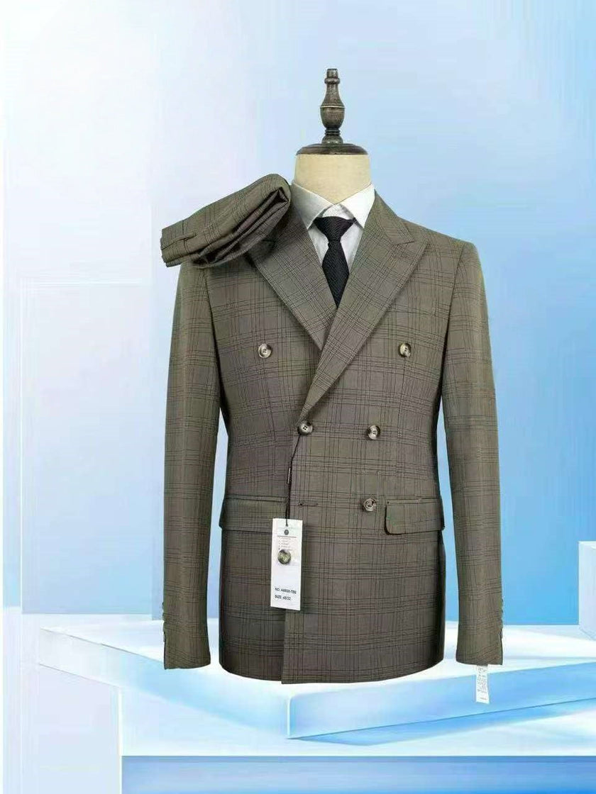 Khaki plaid double-breasted slim-fit suit jacket with notch lapels