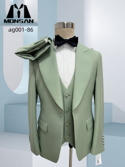 Mint green slim-fit three-piece suit with black bow tie and matching vest