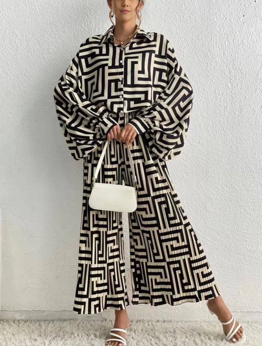 Casual Style Long-Sleeve Button-Up Shirt with Pleated Wide-Leg Pants