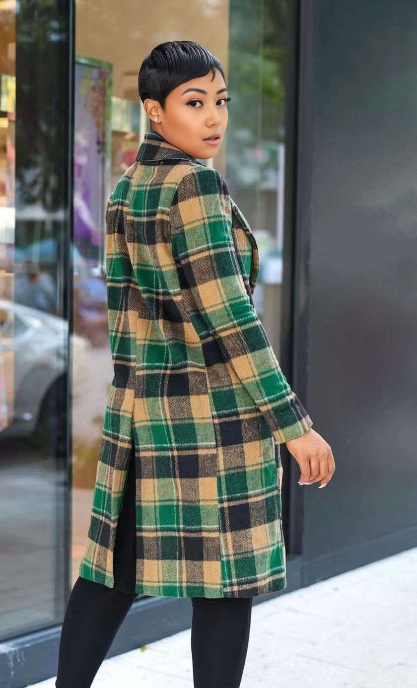 Women's Long Plaid Coat with Classic Button-Up Design and Notched Collar