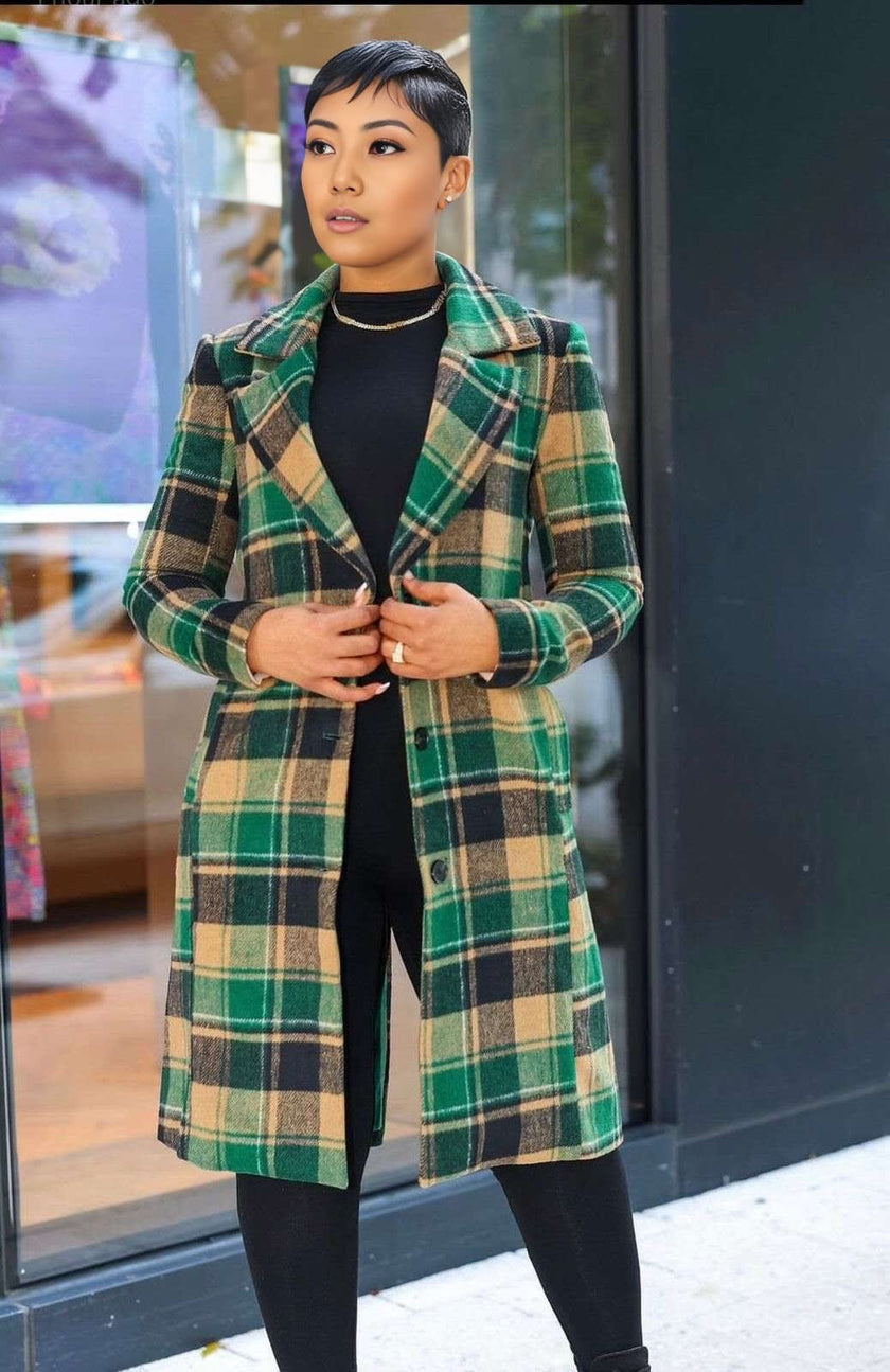 Women's Long Plaid Coat with Classic Button-Up Design and Notched Collar