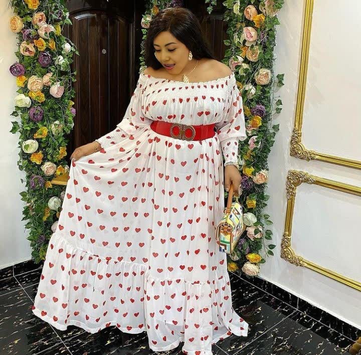 Off-shoulder heart print maxi dress, white with red hearts; tiered skirt, long sleeves