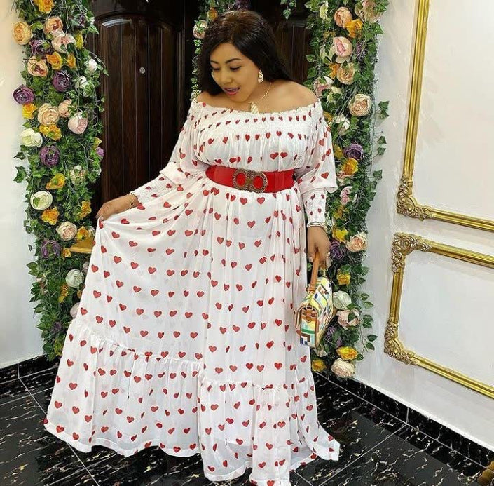 Off-shoulder heart print maxi dress, white with red hearts; tiered skirt, long sleeves