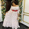 Off-shoulder heart print maxi dress, white with red hearts; tiered skirt, long sleeves