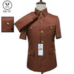 Men's caramel mao collar suit jacket, short sleeves, button front, chest pockets