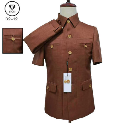 Men's caramel mao collar suit jacket, short sleeves, button front, chest pockets