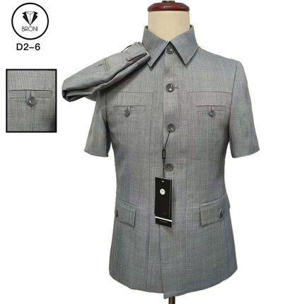 Light grey mao-collar short-sleeve slim suit with button front and chest pockets