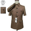 Brown short-sleeve Mao suit jacket with button front and chest pockets