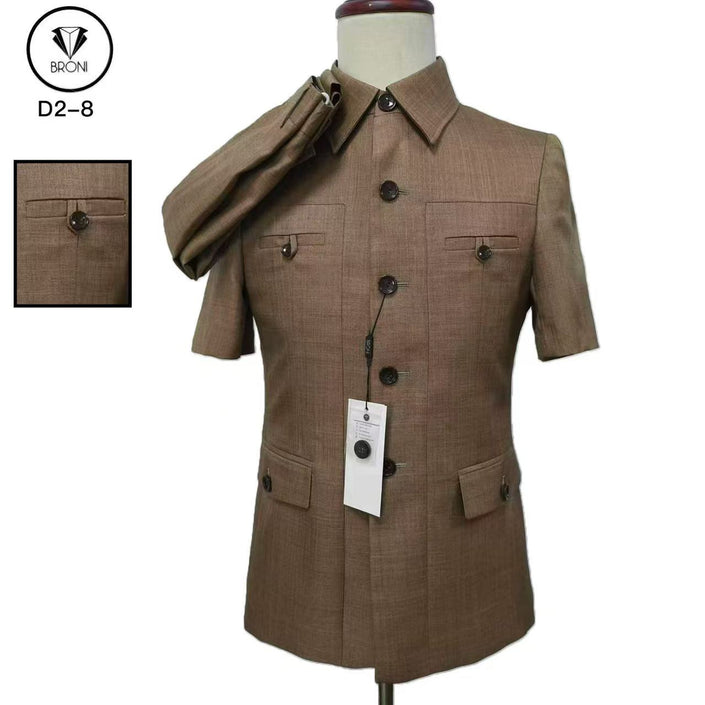 Brown short-sleeve Mao suit jacket with button front and chest pockets