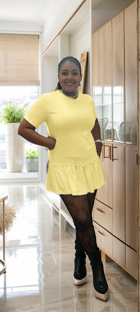 Women's Short-Sleeve Dress with Ruffled Hem and Patterned Accents