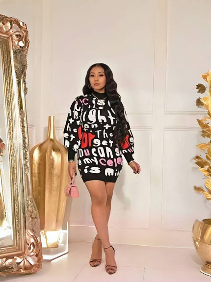 Black knitted mini dress with bold letter print, long sleeves, high neckline