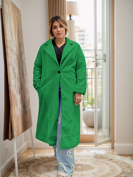 Sea-green long lapel single-breasted coat with front button and roomy sleeves