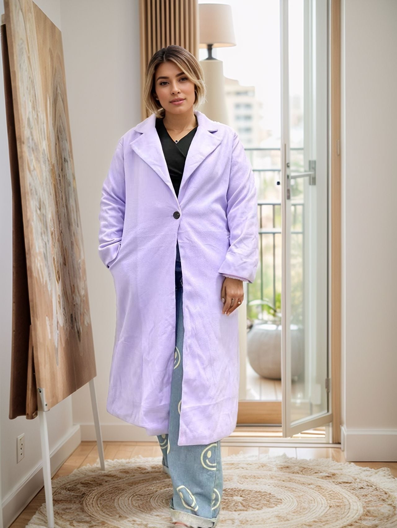 Light purple long lapel single-breasted coat with front button