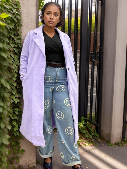 Light purple long lapel single-breasted coat with button front, side pockets