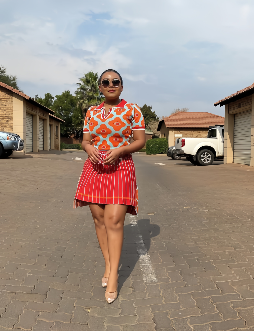 Women's Short Sleeve Polo Shirt with Floral Pattern and Striped Skirt Set