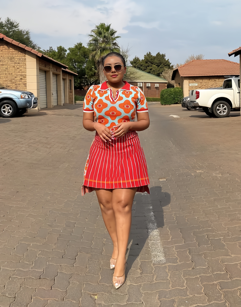 Women's Short Sleeve Polo Shirt with Floral Pattern and Striped Skirt Set