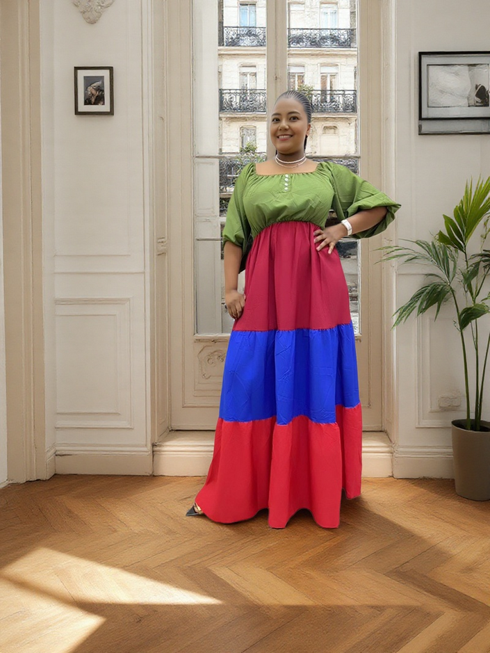 Maxi Dress Loose Color Block Round Neck Short Sleeve Chic