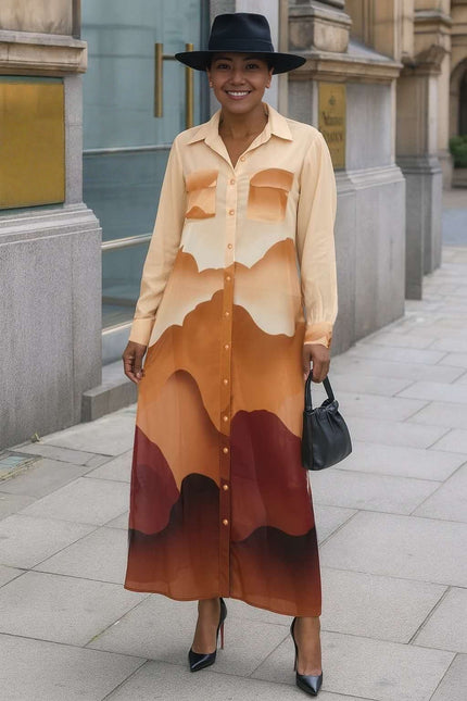 Maxi shirt dress with collar, long sleeves, button front, tan and brown mountain print