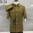 Olive short-sleeve formal shirt with mandarin collar, button front, chest flap pockets