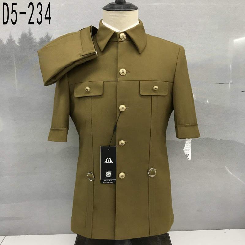 Olive short-sleeve formal shirt with mandarin collar, button front, chest flap pockets