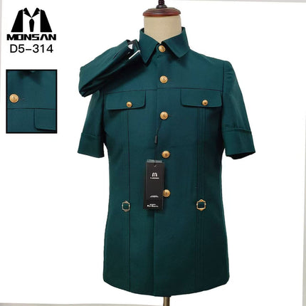 Dark green short-sleeve suit jacket with gold buttons and flap chest pockets