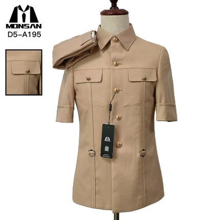 Khaki short-sleeve mao-collar suit shirt with button front and chest pockets