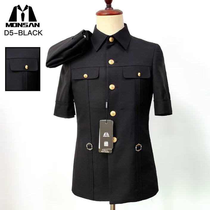 Black slim-fit short-sleeve Mao suit shirt with stand collar and gold buttons