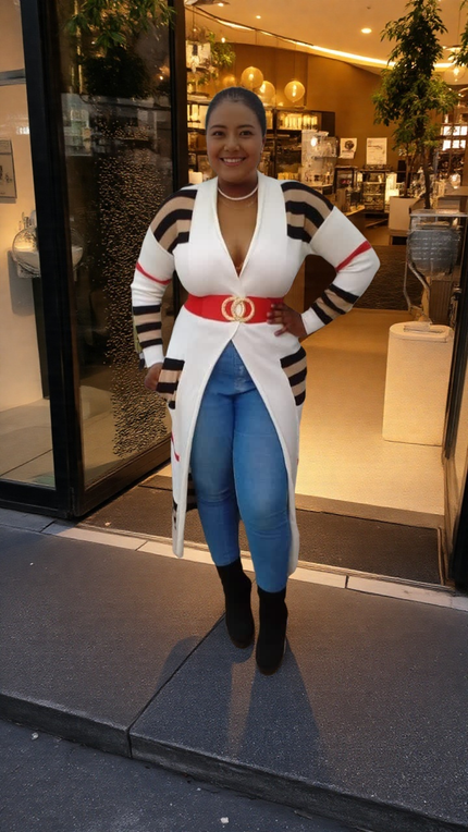 Striped knit long cardigan with open front and red-and-black banded sleeves