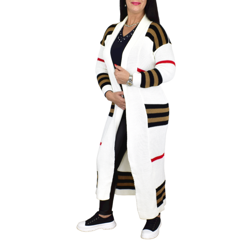 Women's Long Striped Knitted Cardigan with Open Front and Ribbed Edges