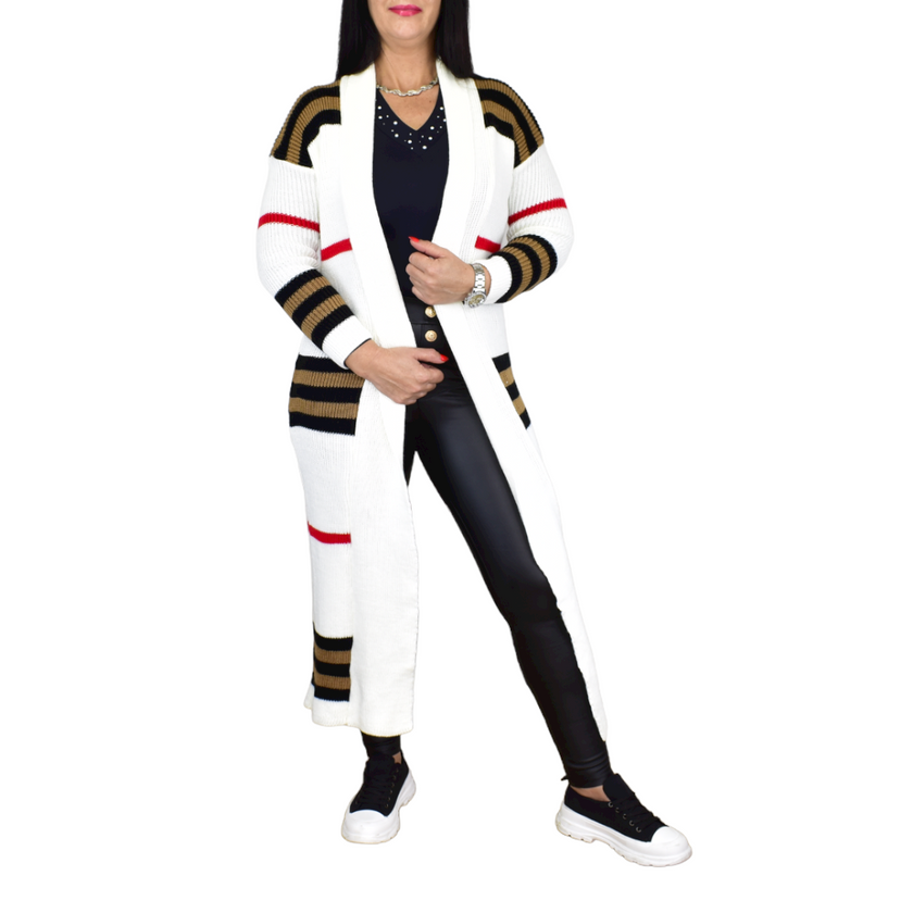 Women's Long Striped Knitted Cardigan with Open Front and Ribbed Edges
