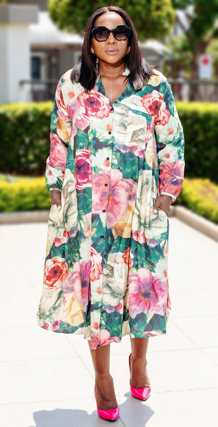 Floral button-up midi dress, long sleeves, multicolor print, V-neck front