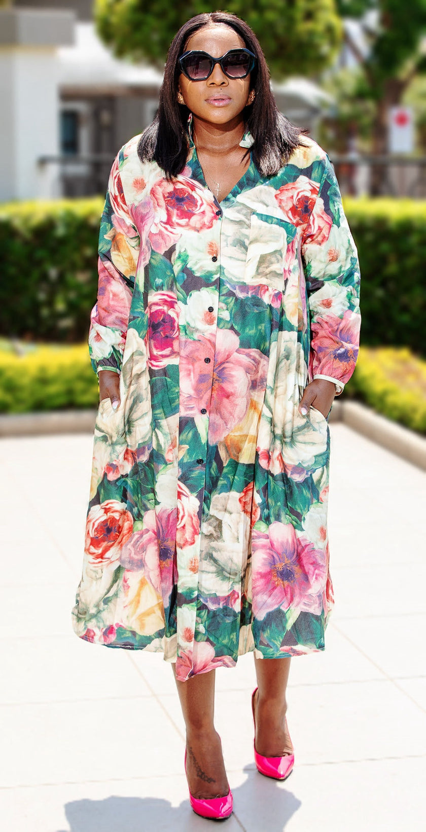 Floral button-up midi dress, long sleeves, multicolor print, V-neck front