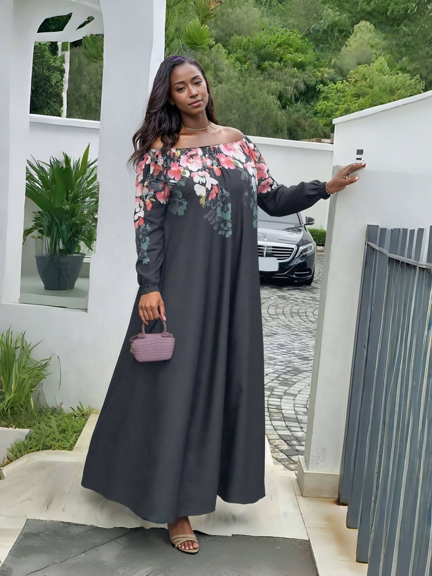 Off-Shoulder Fitted Maxi Dress with Floral Embroidery Bodice – Elegant Silhouette