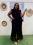 Black geometric twin set layered dress with circular sequins and ruffled cap sleeves