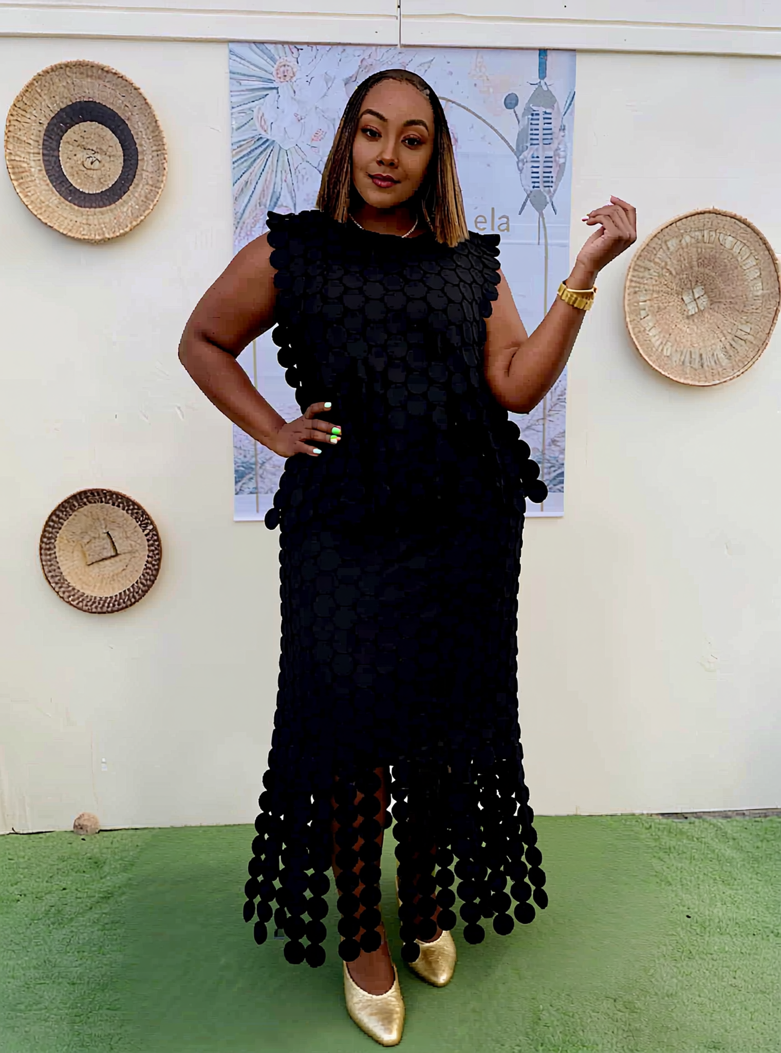 Black geometric twin set layered dress with circular sequins and ruffled cap sleeves