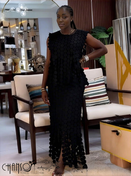 Black geometric sequin twin set dress, sleeveless with layered fringe hem