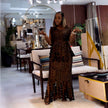 Dark brown geometric sequin twin set dress with sleeveless top and layered skirt