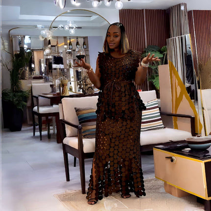 Dark brown geometric sequin twin set dress with sleeveless top and layered skirt