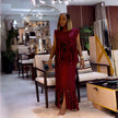 Maroon geometric twin set layered dress with circular sequins and side-slit skirt hem