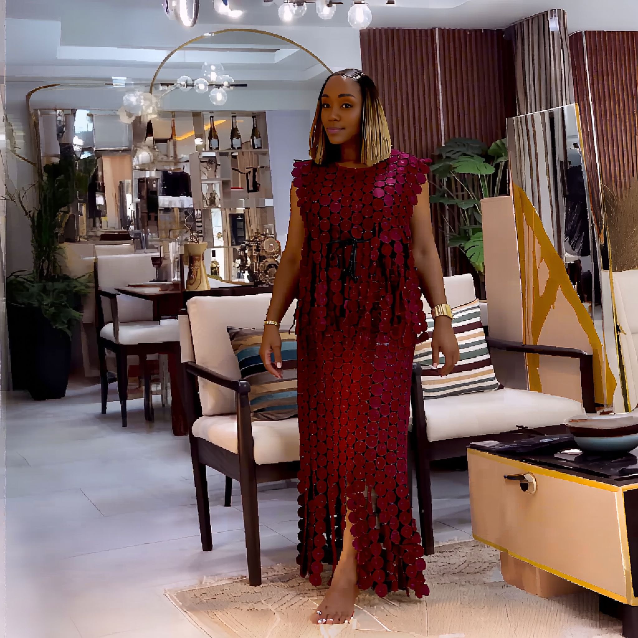 Maroon geometric twin set layered dress with circular sequins and side-slit skirt hem