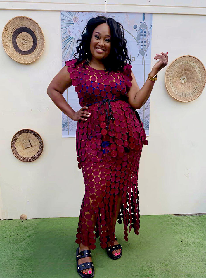 Maroon geometric sequin twin set dress with cinched waist and layered fringe hem