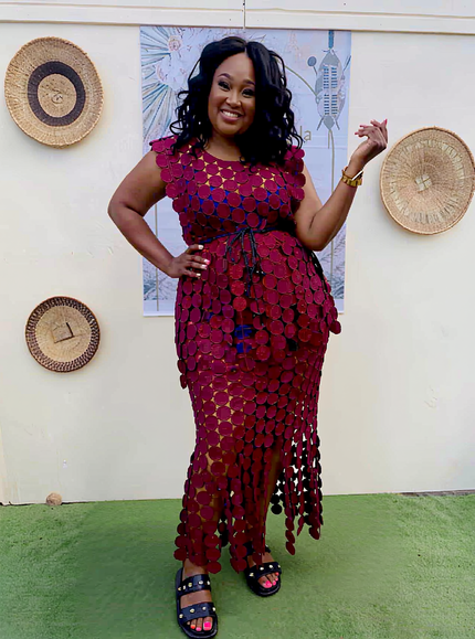 Maroon geometric sequin twin set dress with cinched waist and layered fringe hem