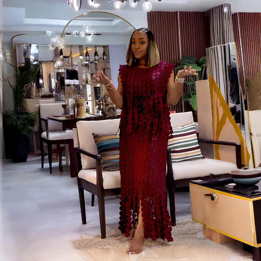 Maroon geometric sequin twin set dress with flowing tiered skirt and circular pattern