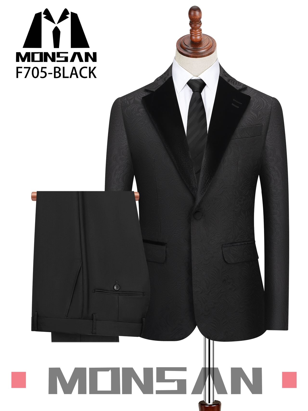 Black patterned tuxedo suit with matching trousers
