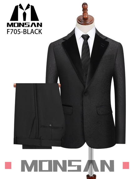 Black patterned tuxedo suit with matching trousers