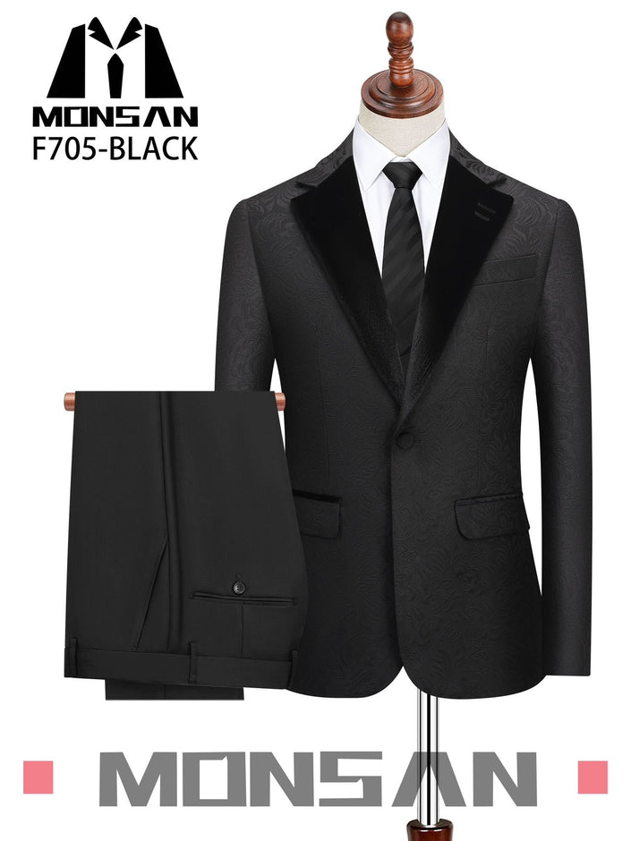 Black patterned tuxedo suit with matching trousers