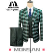 Green plaid 3-piece suit set: tailored jacket, waistcoat and trousers, slim fit