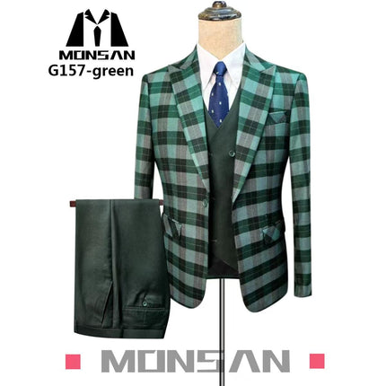Green plaid 3-piece suit set: tailored jacket, waistcoat and trousers, slim fit