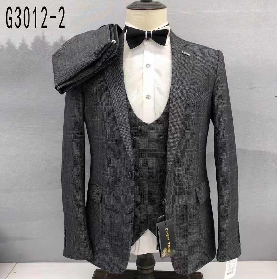 Grey plaid slim-fit 3-piece suit with waistcoat and black bow tie