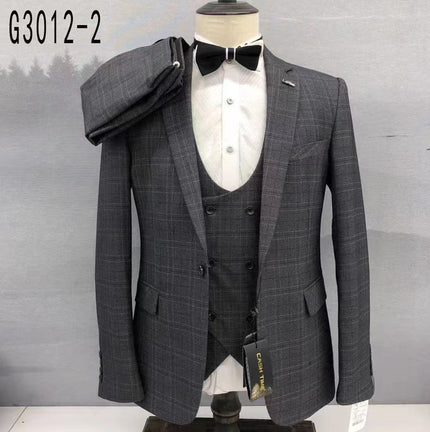 Grey plaid slim-fit 3-piece suit with waistcoat and black bow tie